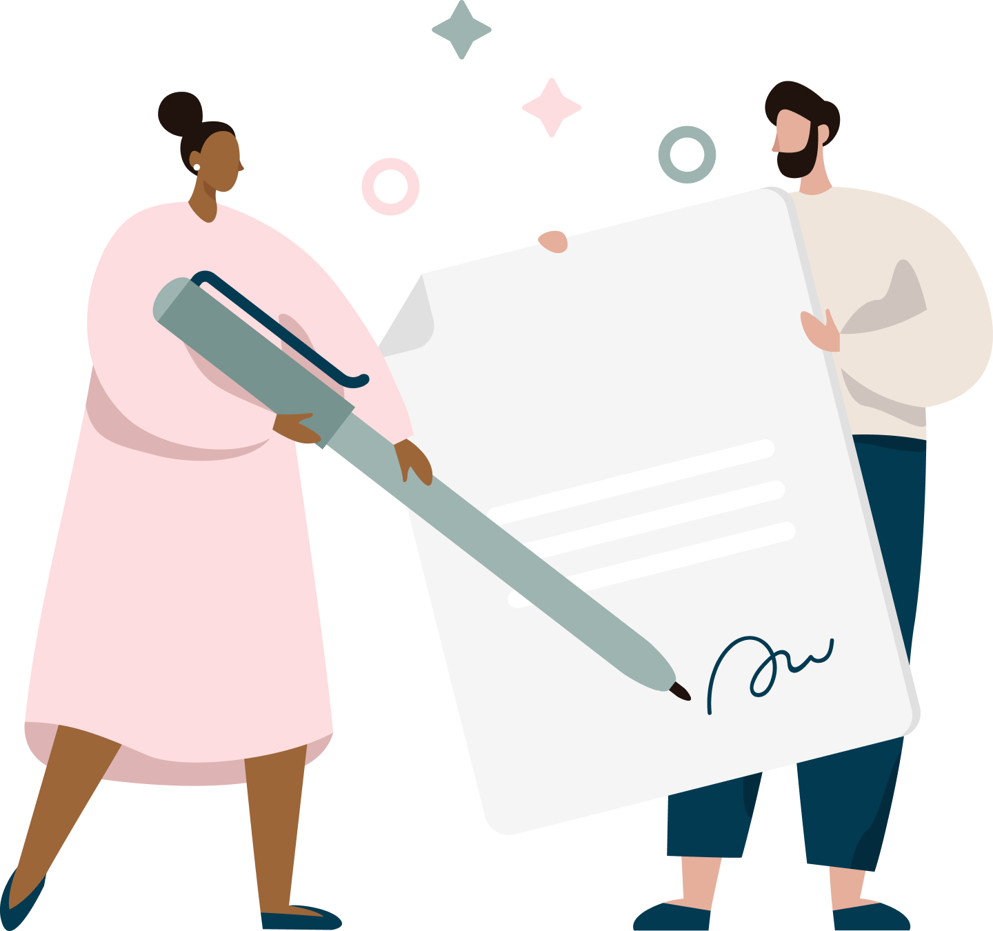 Resources illustration of a male and female holding a large pen and paper